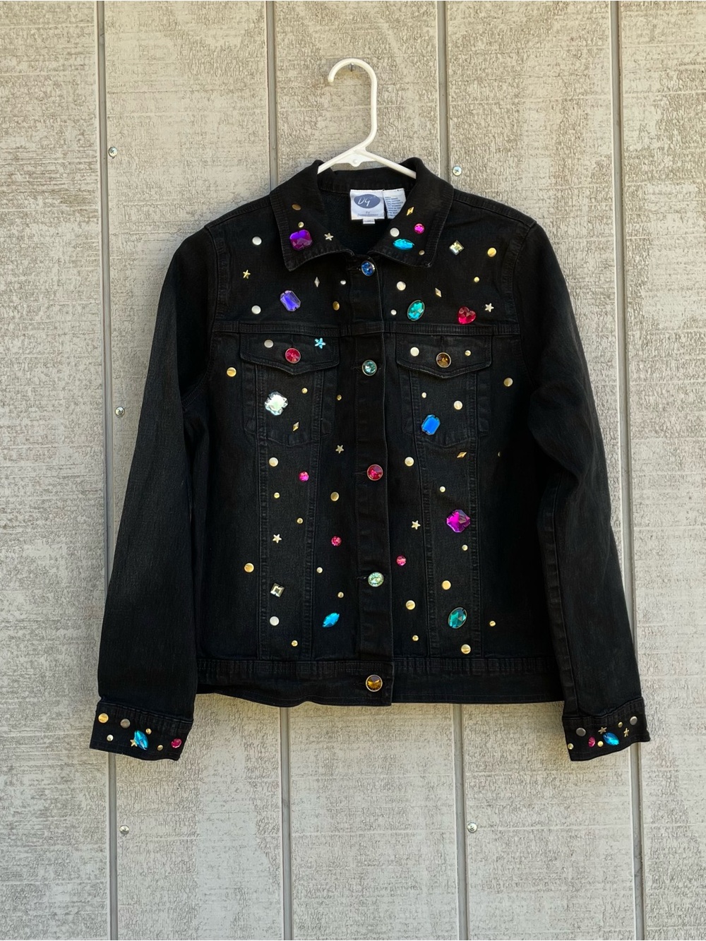 DG2 by Diane Gilman Black Embellished Jean Jacket with Multicolor Gems